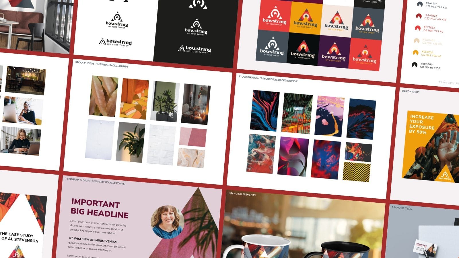 Pages of the Bowstring brand guide, laid out as a mosaic