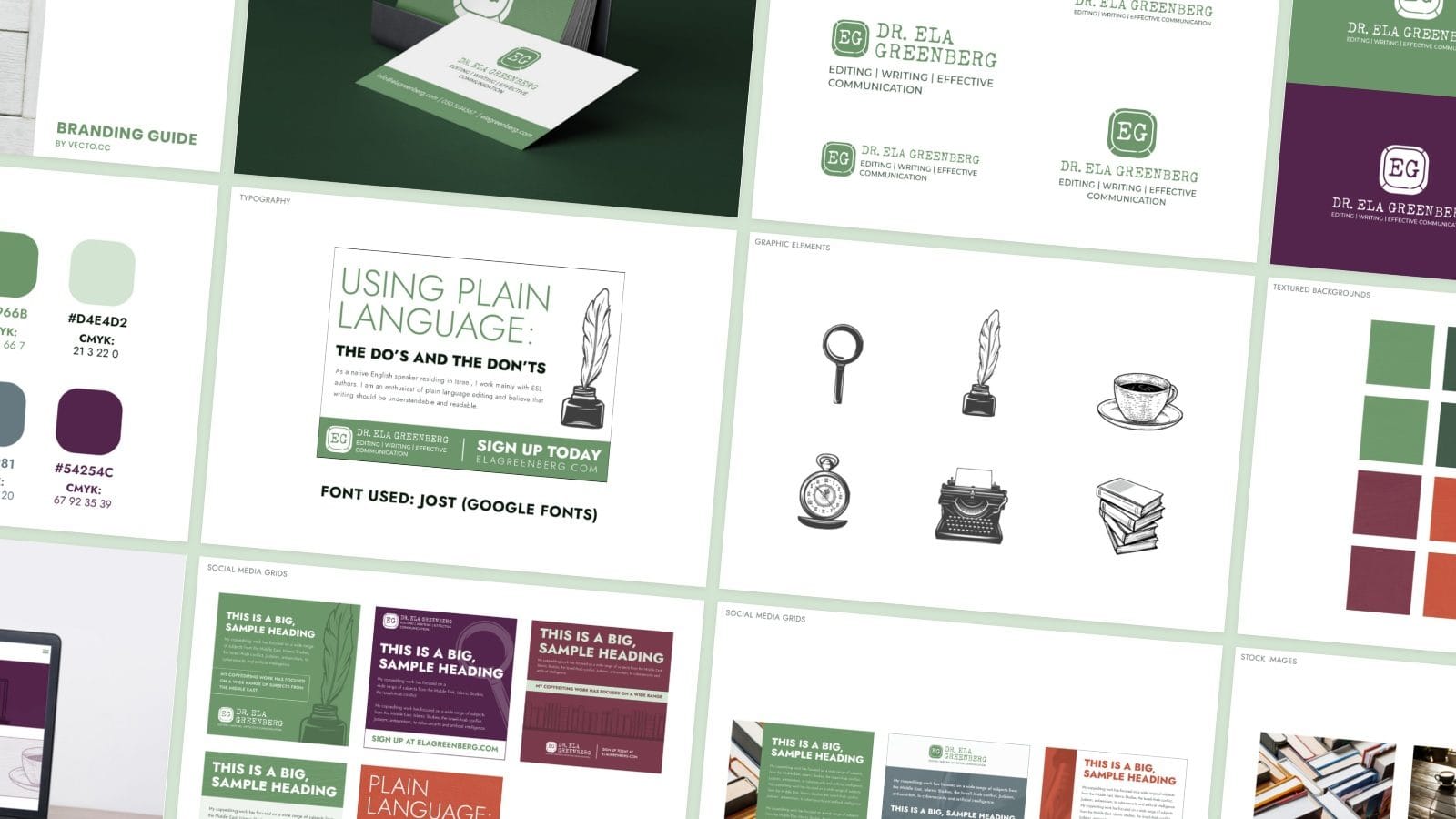 Pages of the Dr. Ela Greenberg brand guide, laid out as a mosaic