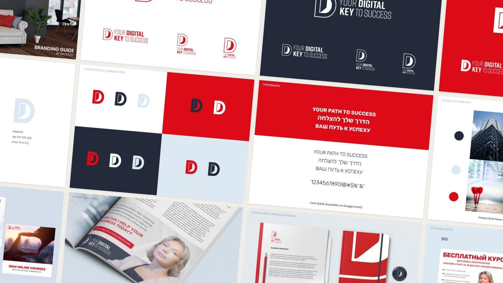 Pages of the Elena Livshiz brand guide, laid out as a mosaic