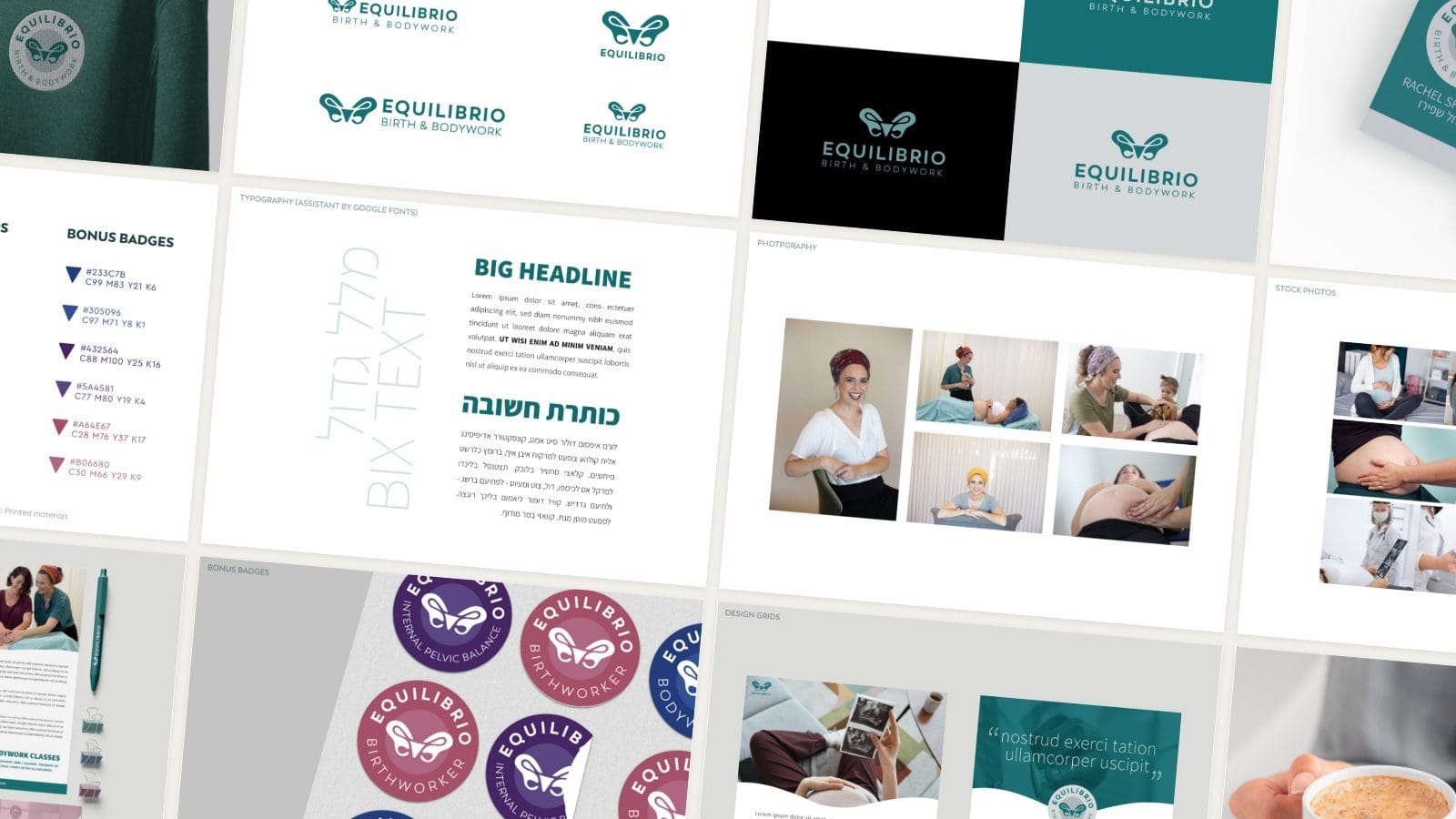 Pages of the Equilibrio brand guide, laid out as a mosaic