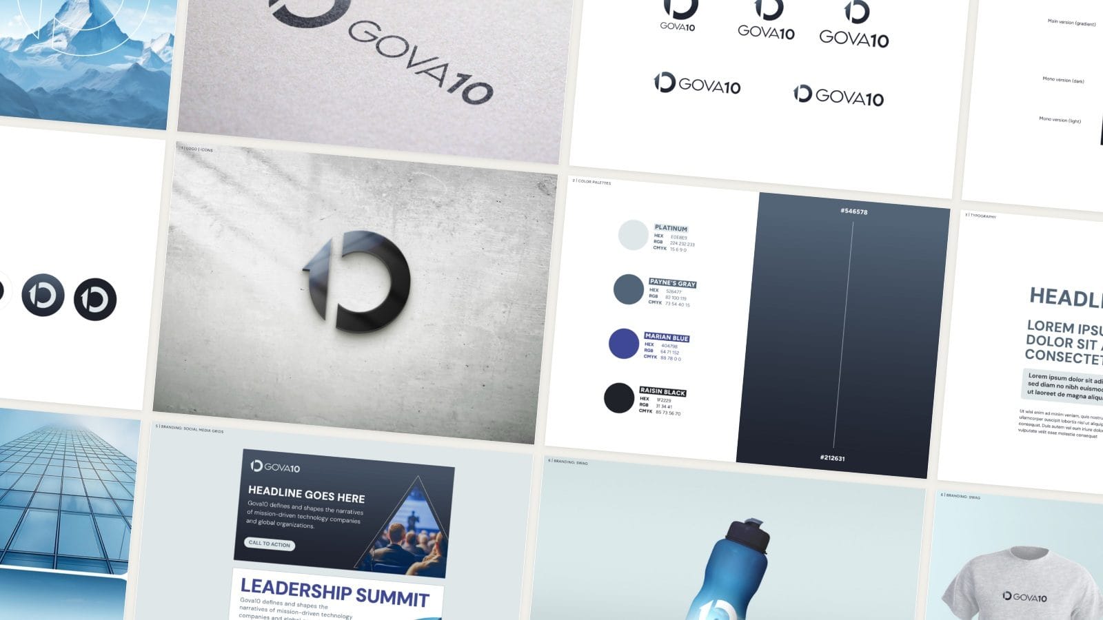 Pages of the Gova10 brand guide, laid out as a mosaic
