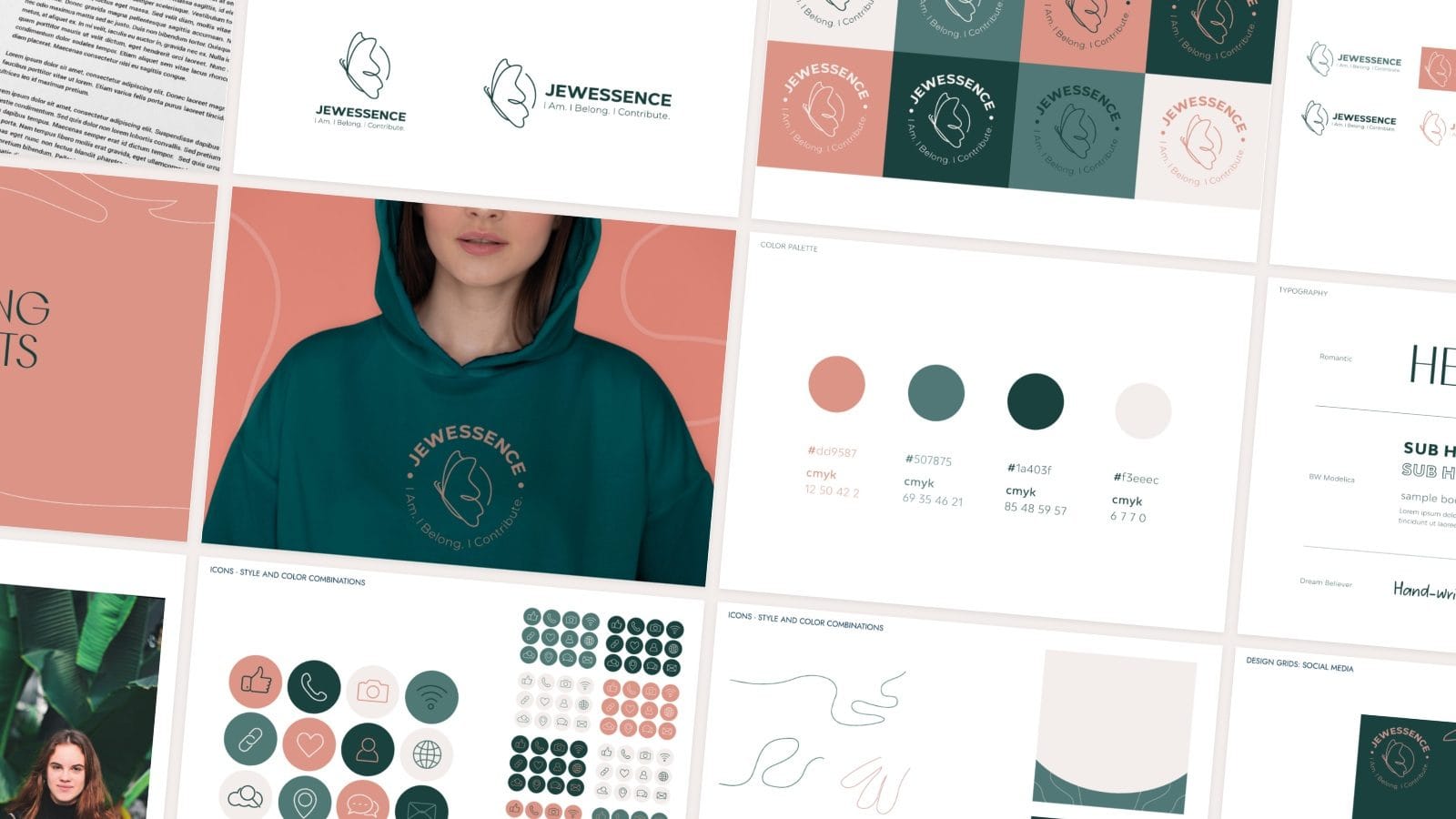 Pages of the Jewessence brand guide, laid out as a mosaic