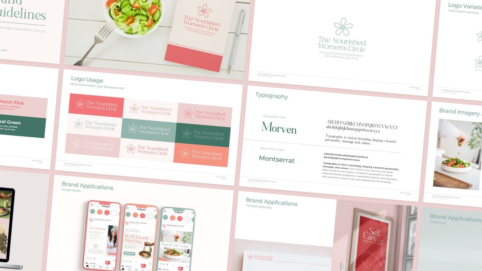 Pages of the The Nourished Women's Circle brand guide, laid out as a mosaic