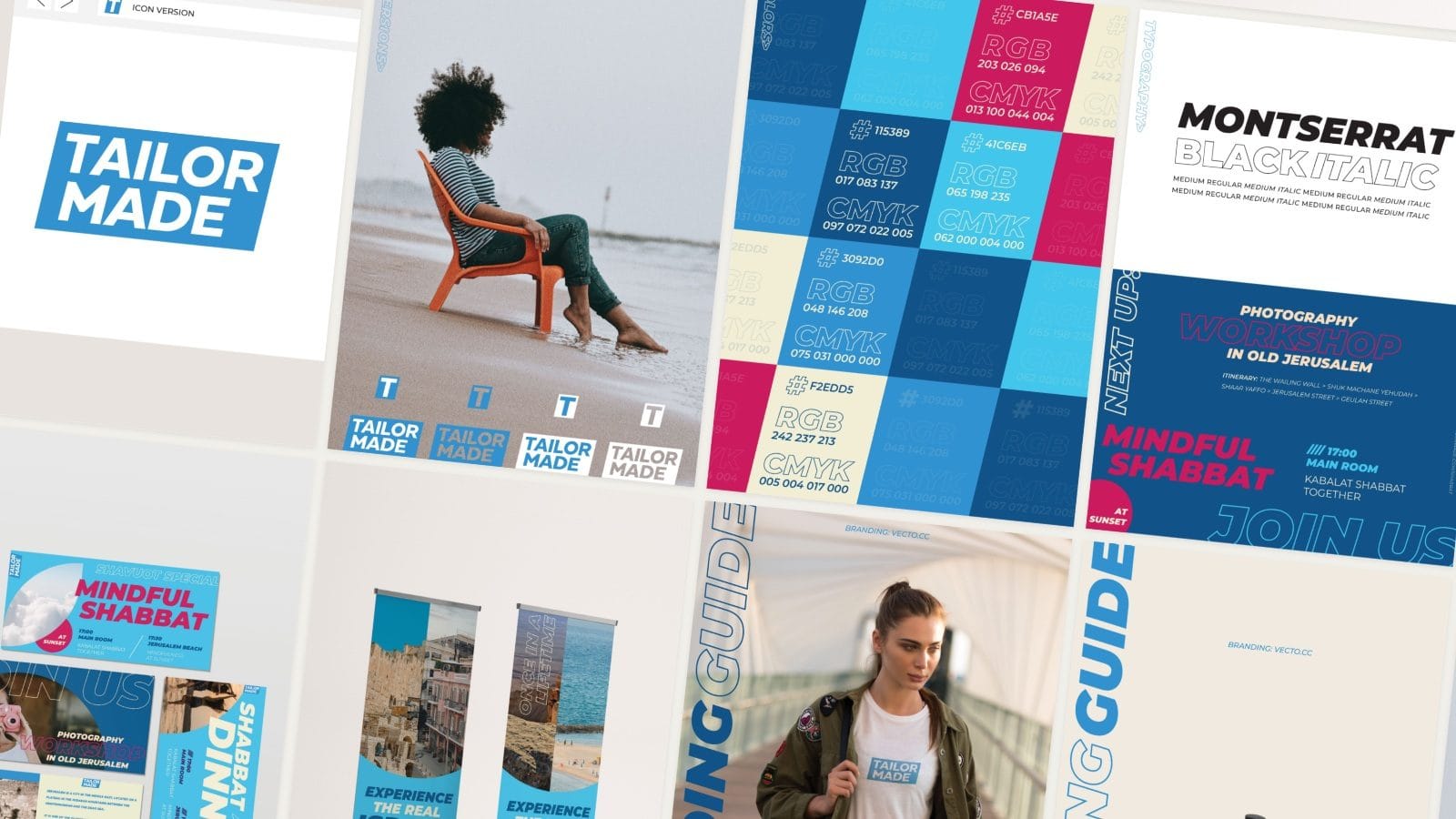Pages of the Tailor Made Israel brand guide, laid out as a mosaic