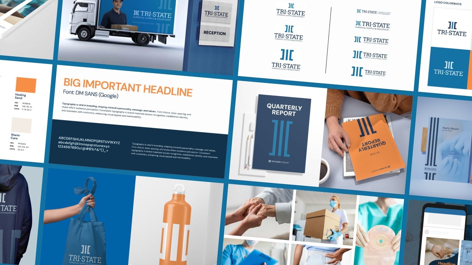 Pages of the Tri-State Surgical brand guide, laid out as a mosaic