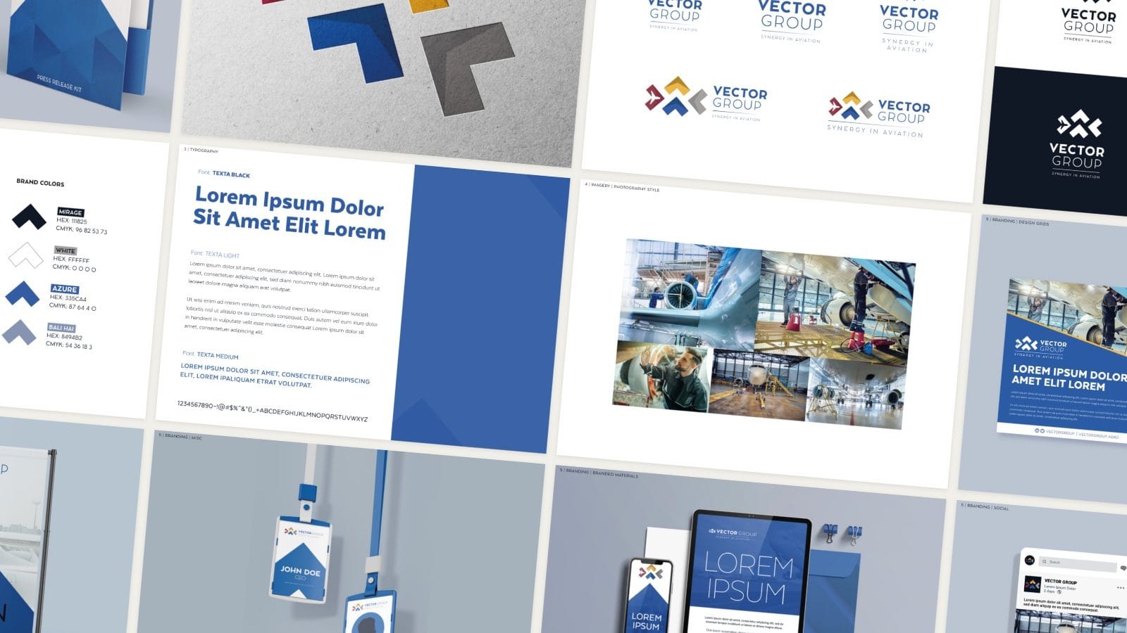 Pages of the Vector Group brand guide, laid out as a mosaic